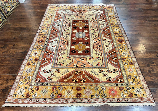 Turkish Rug 7x10, Wool Hand Knotted Vintage Carpet, Geometric Kazak Pattern - Nuvé