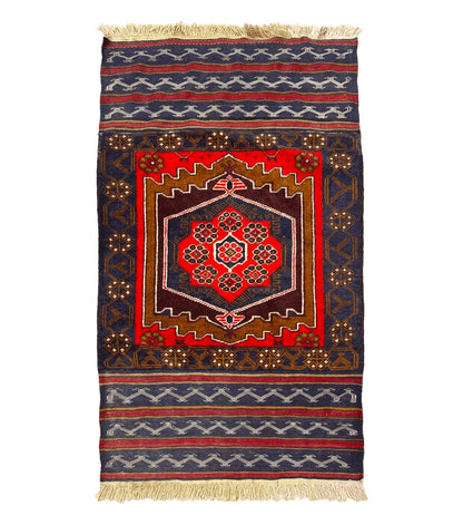 Afghan Rug 3x5, Tribal, Navy Blue, Wool, Handmade, Geometric, Rustic