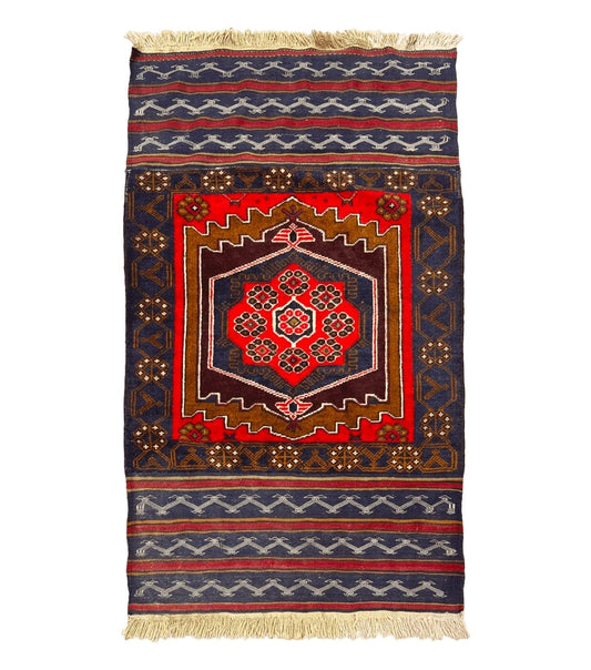 Afghan Rug 3x5, Tribal, Navy Blue, Wool, Handmade, Geometric, Rustic