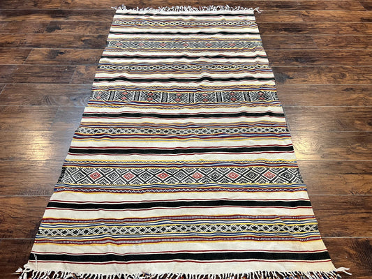 South American Kilim Rug 4x7 ft, Wool Handmade Vintage Carpet, Ivory Black Multicolor Stripes, Bohemian Blanket Rug, Flatweave Area Rug - Nuvé