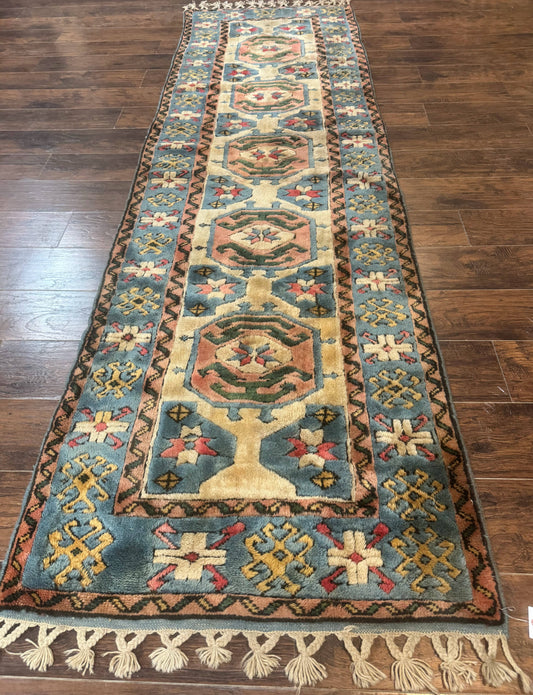 Turkish Kazak Runner Rug 3x11, Cream and Light Blue, Vintage - Nuvé