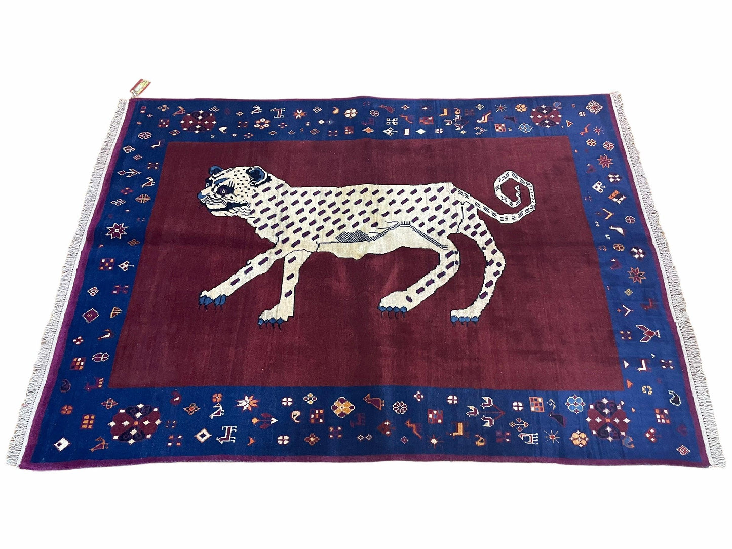 5 X 7 Handmade Zagros Wool Rug Snow White Panther Maroon Blue Organic Dyes - Nuvé