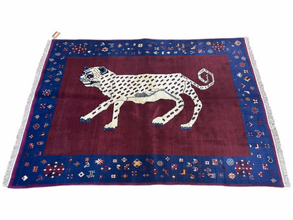 5 X 7 Handmade Zagros Wool Rug Snow White Panther Maroon Blue Organic Dyes - Nuvé