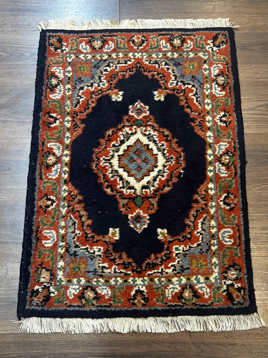 Small Indo Persian Rug 2x3, Navy Blue & Terracotta, Wool, Handmade - Nuvé