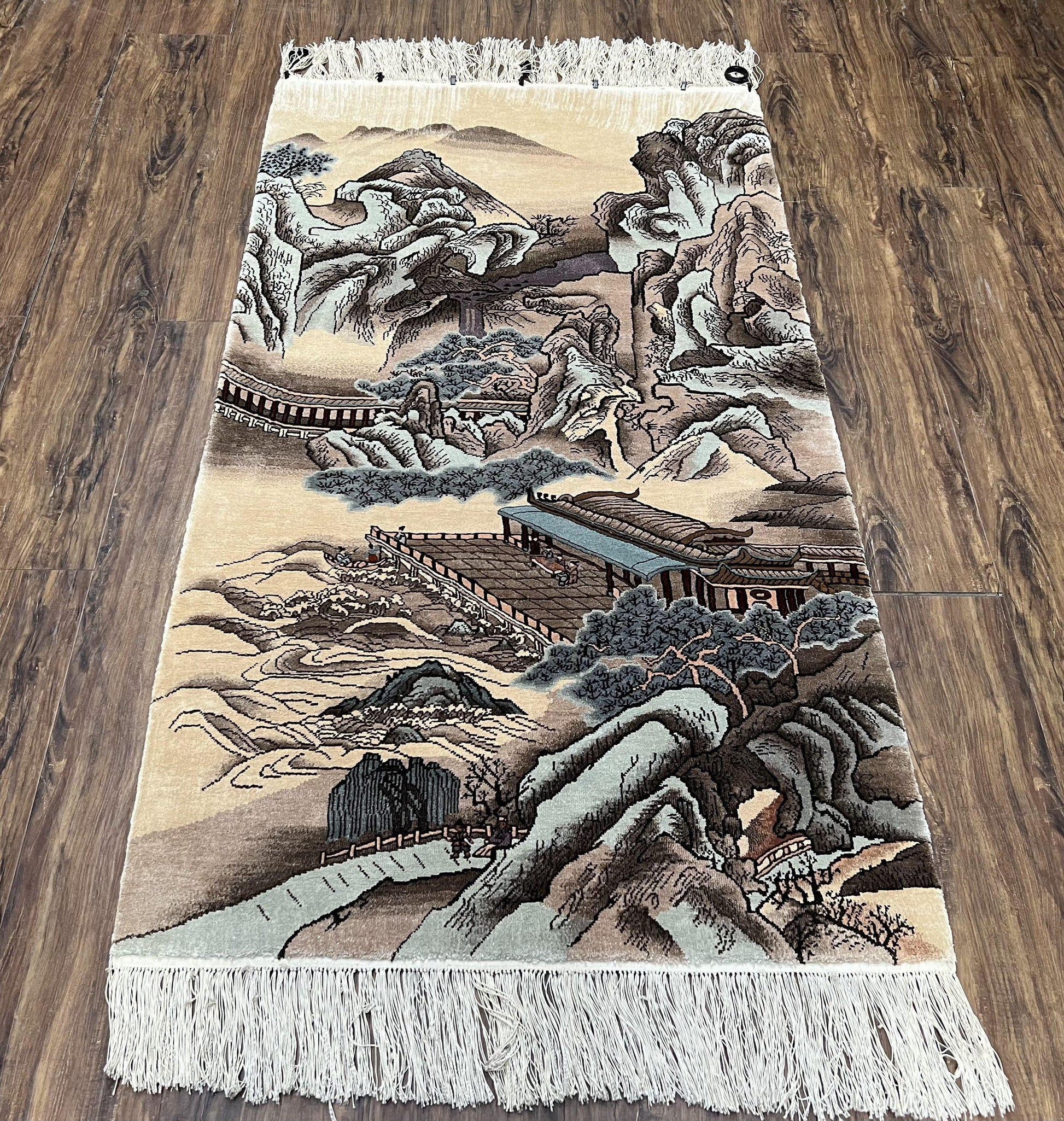 Silk Chinese Wall Hanging Rug 3x6 ft Tapestry, Pagoda Scene, Pictorial, High Quality Fine Hand Knotted Vintage, Asian Oriental Handmade Nice - Nuvé