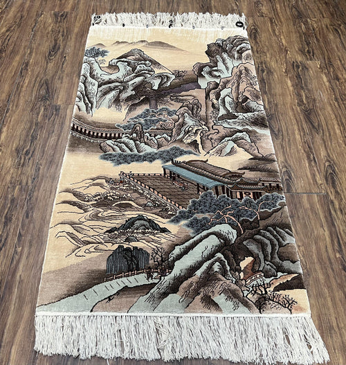 Silk Chinese Wall Hanging Rug 3x6 ft Tapestry, Pagoda Scene, Pictorial, High Quality Fine Hand Knotted Vintage, Asian Oriental Handmade Nice - Nuvé