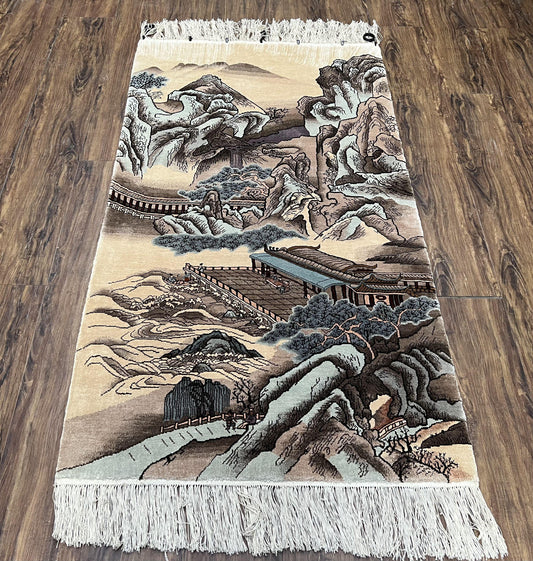 Silk Chinese Wall Hanging Rug 3x6 ft Tapestry, Pagoda Scene, Pictorial, High Quality Fine Hand Knotted Vintage, Asian Oriental Handmade Nice - Nuvé