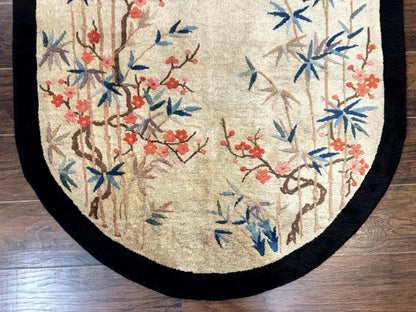Antique Chinese Oval Rug 3.9 x 6.7, Floral, Butterflies, Chinese Wool Art Deco Peking Carpet, Beige, Handmade - Nuvé