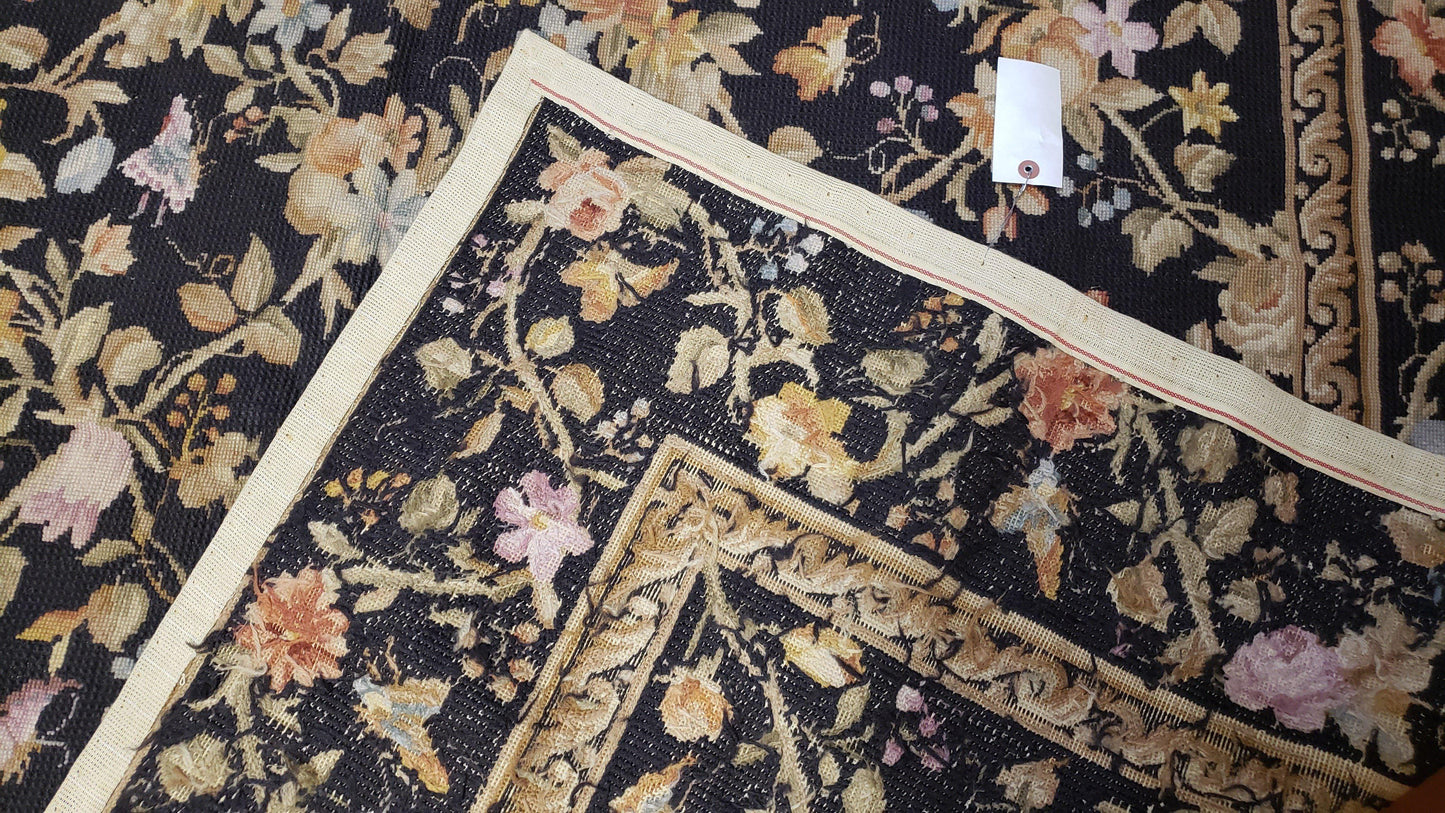 6x9 Vintage Needlepoint Rug Petitepoint Carpet Butterflies Floral Design Dark Brown & Tan 6 x 9 Handmade Flatweave Area Rug - Nuvé