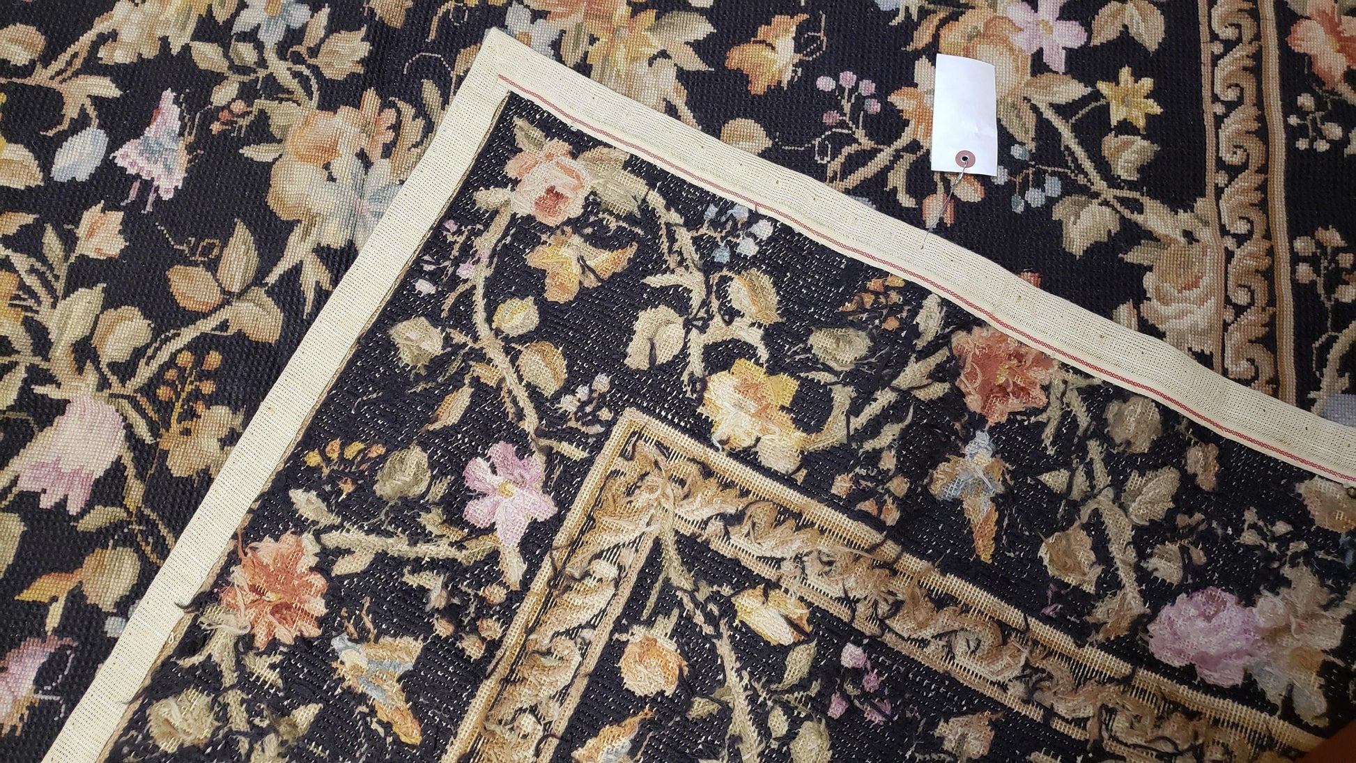 6x9 Vintage Needlepoint Rug Petitepoint Carpet Butterflies Floral Design Dark Brown & Tan 6 x 9 Handmade Flatweave Area Rug - Nuvé