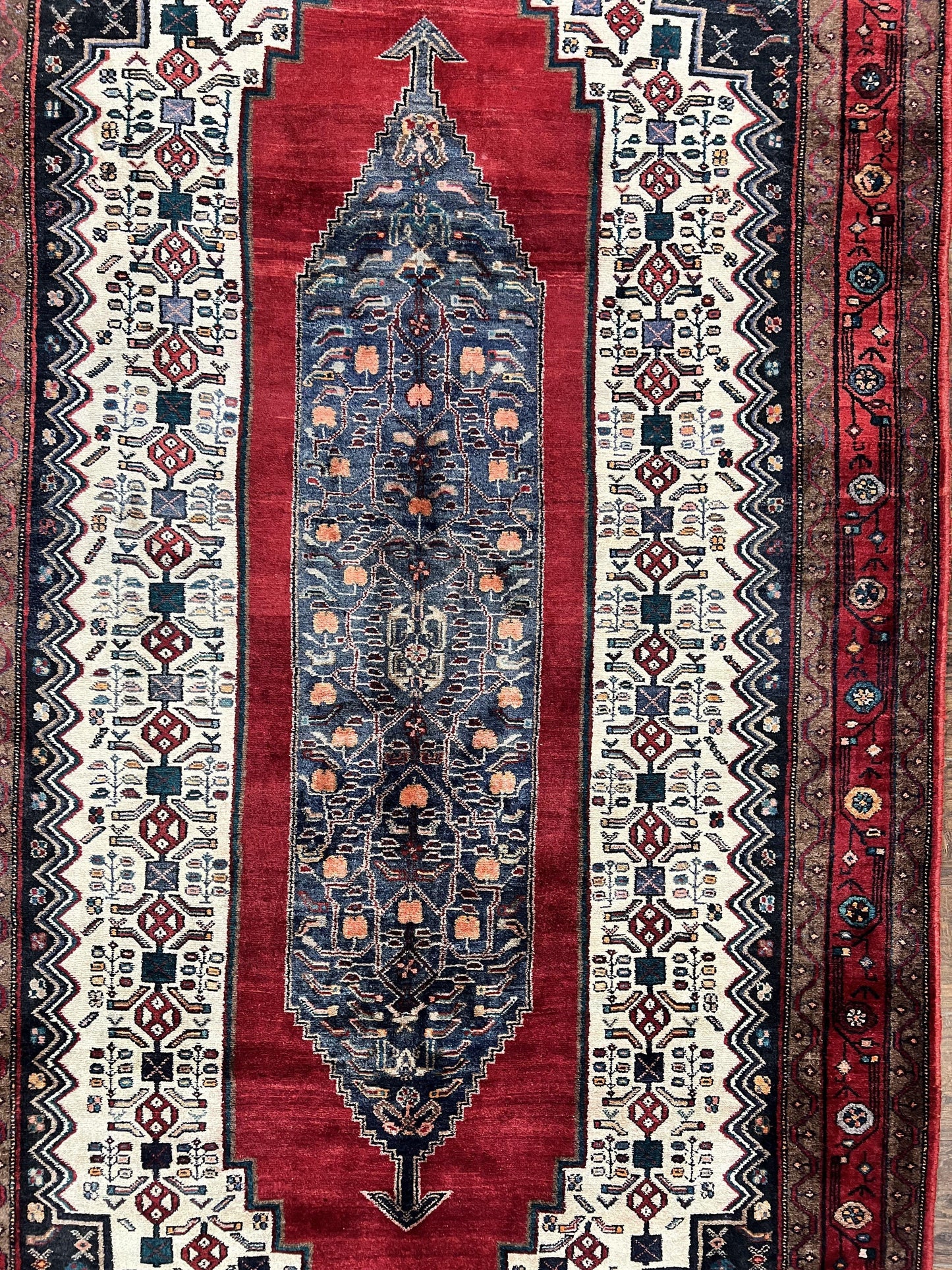 Persian Rug 5x12 ft, Red Cream Navy Blue, Pictorials, Hand Knotted Handmade Wide Runner Tribal Bidjar Semi Antique Wool Geometric Oriental Rug - Nuvé