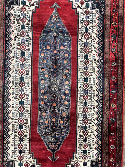 Persian Rug 5x12 ft, Red Cream Navy Blue, Pictorials, Hand Knotted Handmade Wide Runner Tribal Bidjar Semi Antique Wool Geometric Oriental Rug - Nuvé