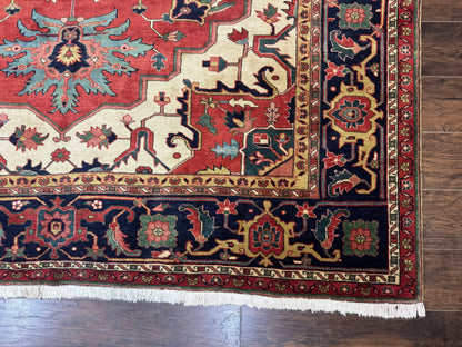 Persian Heriz Serapi Rug 8 x 10.6, Geometric Medallion, Great Colors, Rare, Red Navy Blue Ivory - Nuvé