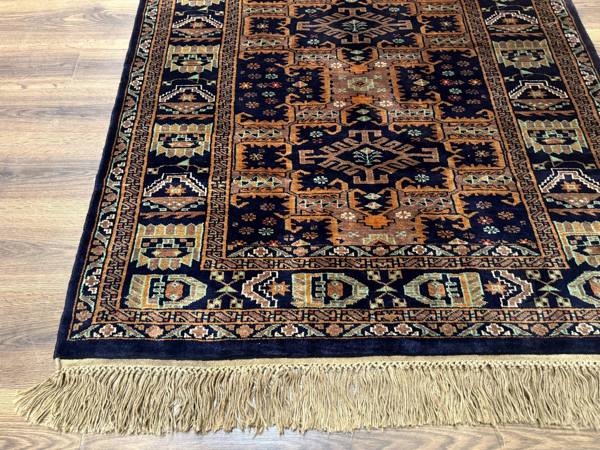 Vintage Afghan Rug 4x6, Navy Blue and Light Brown, Geometric Medallions, Wool on Wool, Tribal Rug - Nuvé
