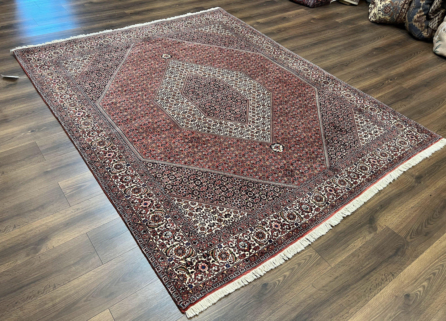 Wonderful Persian Bidjar Rug 7x8 ft, Almost Square Oriental Carpet, Herati Mahi, Highly Detailed, Ivory Red Navy Blue, Very Fine Handmade Bijar Rug - Nuvé