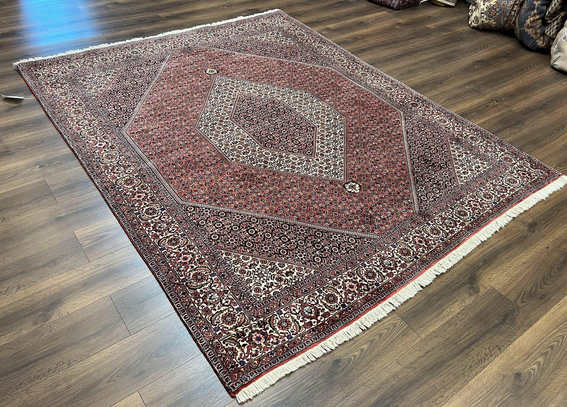Wonderful Persian Bidjar Rug 7x8 ft, Almost Square Oriental Carpet, Herati Mahi, Highly Detailed, Ivory Red Navy Blue, Very Fine Handmade Bijar Rug - Nuvé