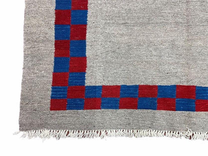 Gray Turkish Kilim Carpet 5' 7" x 7' 7", Medium Kilim Rug, Hand-Knotted, Blue & Red Border, Minimalistic Design, Geometric, Wool, New - Nuvé