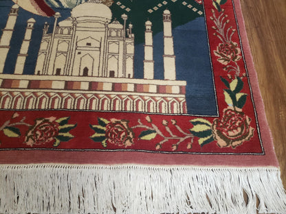 Vintage Small Pictorial Lovers Rug 2.5 x 4, Taj Mahal Indo Persian Rug, Wool Hand-Knotted Indian Rug, King & Queen, Layla and Majnun - Nuvé