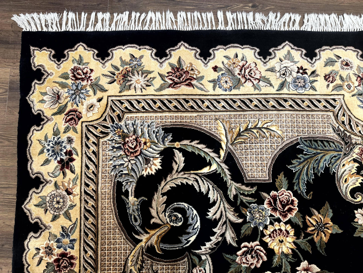 Aubusson Rug 9x12, Black and Beige, Floral, Elegant Handmade French European Design Carpet - Nuvé