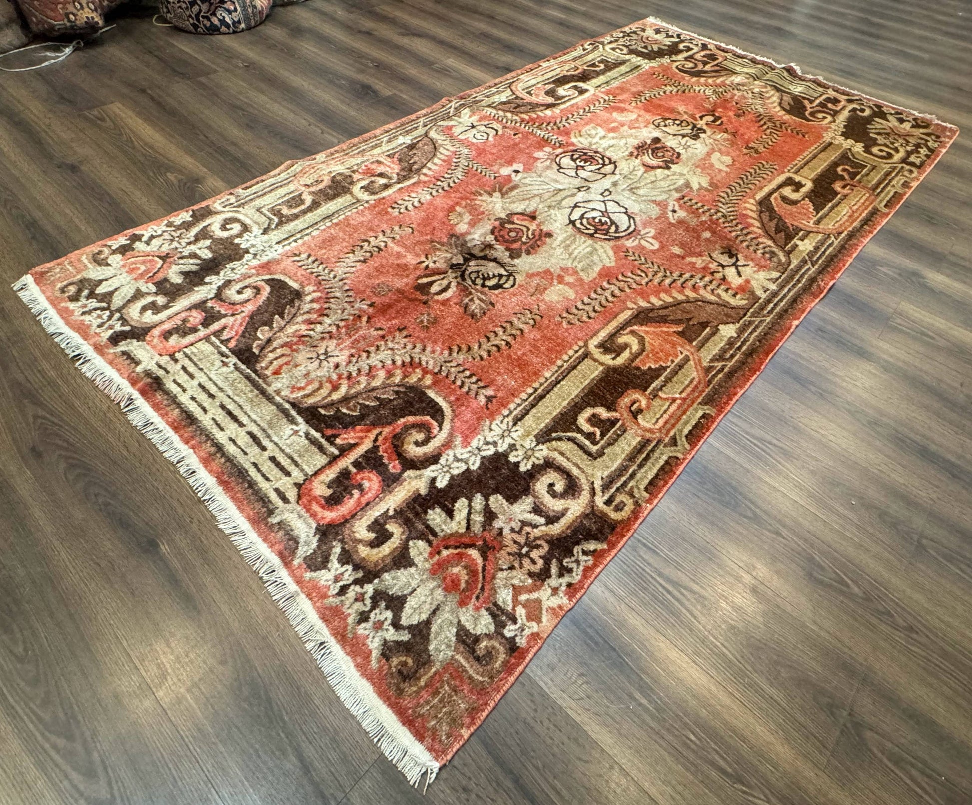 Khotan Rug 5x9, Terracotta and Brown, Floral, Chinese Wool Carpet, Antique Rug - Nuvé