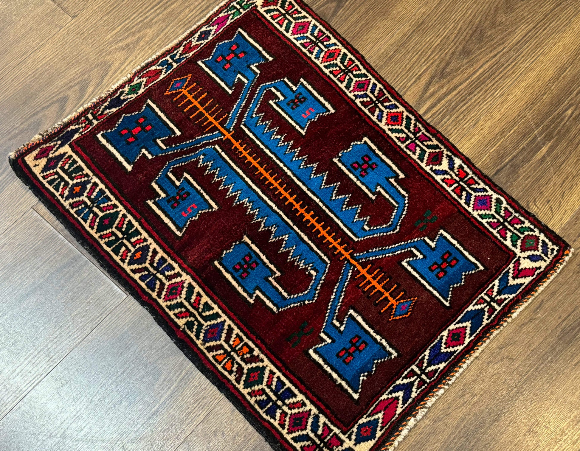 Persian Tribal Rug 1.8 x 2, Small Balouchi Rug, Unique Design, Burgundy and Blue - Nuvé