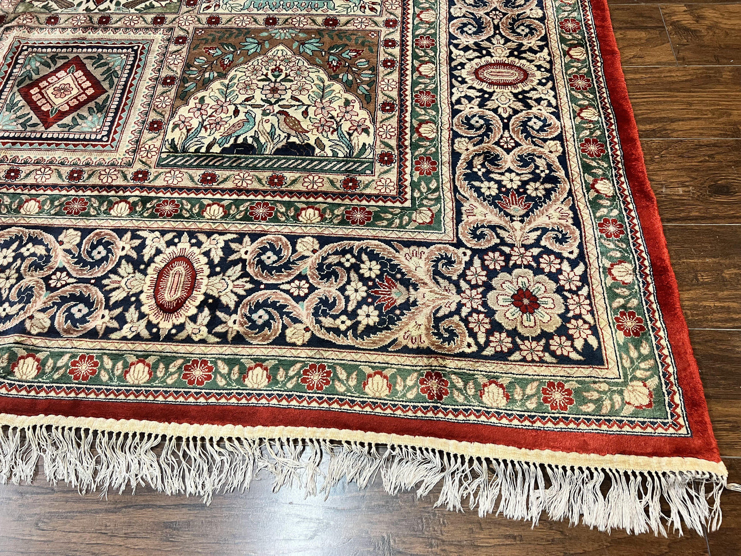 Silk Sino Persian Rug 9x12, Panel Design, Garden of Eden Pattern, Fine 200 KPSI, Hand Knotted Room Sized Silk Carpet, Vintage - Nuvé