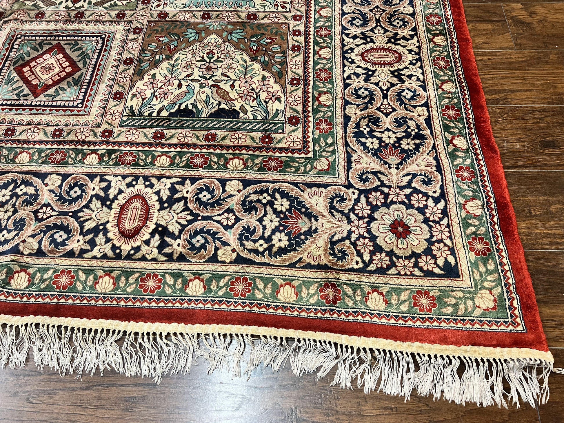 Silk Sino Persian Rug 9x12, Panel Design, Garden of Eden Pattern, Fine 200 KPSI, Hand Knotted Room Sized Silk Carpet, Vintage - Nuvé