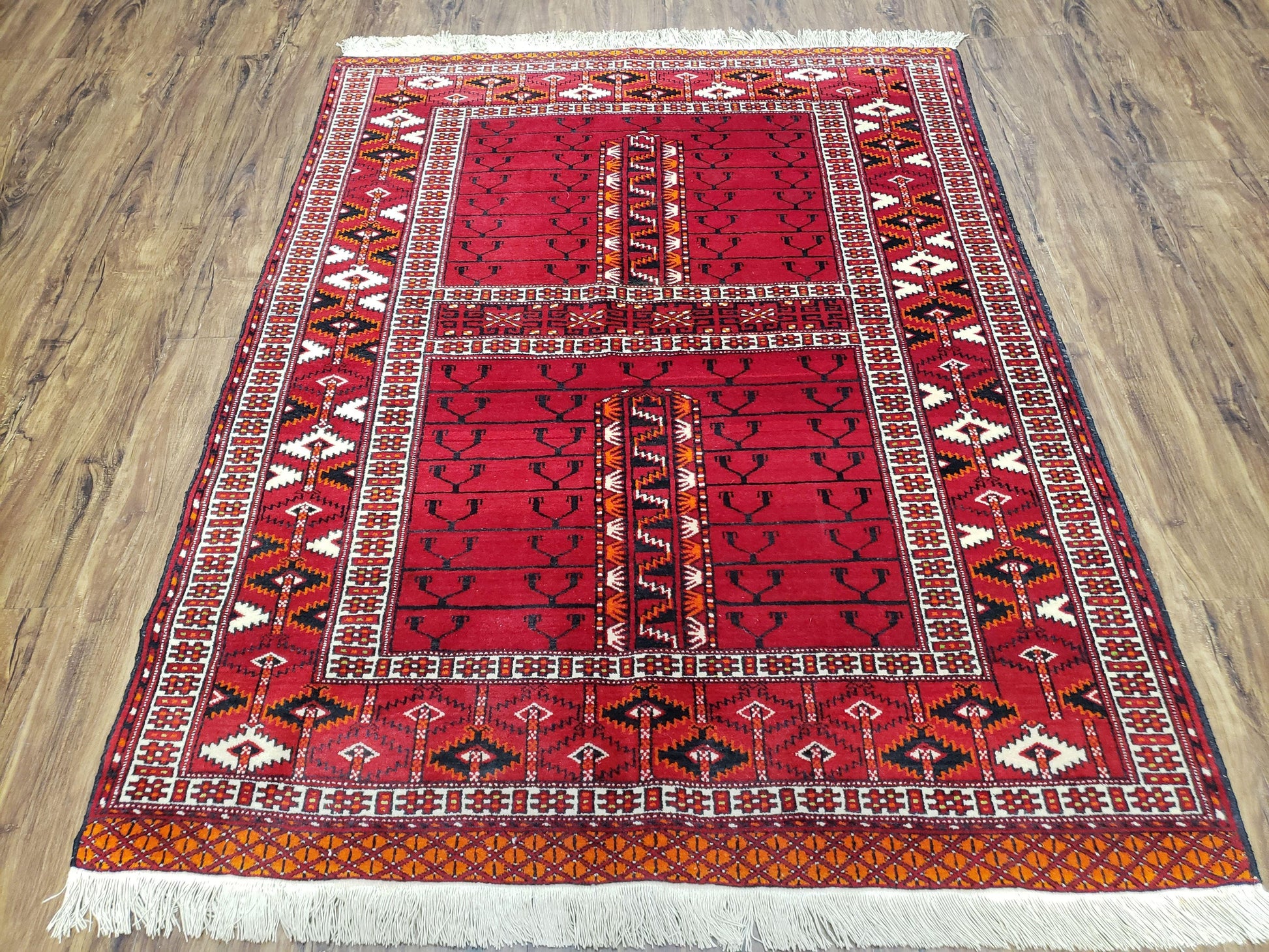 Antique Persian Turkoman Rug 4x5, Hatchli Tekkeh Ersari Red Tribal Rug, Handmade Wool Oriental Carpet, Four Seasons Rug - Nuvé