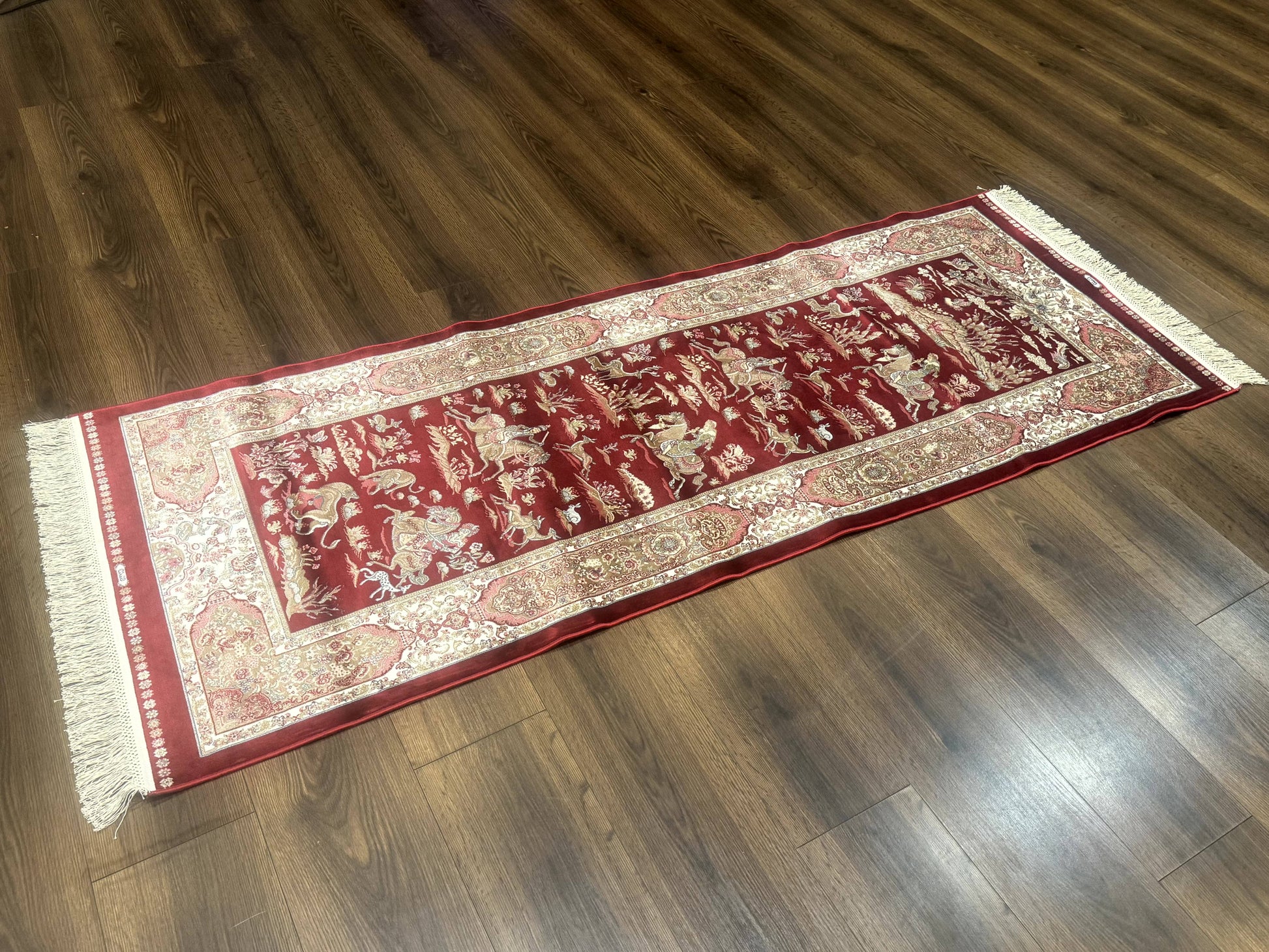Turkish Silk Rug 2.6 x 6.7, Hunting Design, Short Runner Rug, Red & Ivory, Bamboo Silk, New - Nuvé