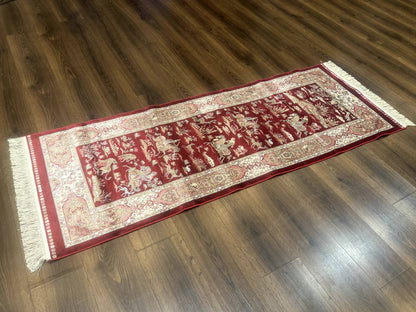 Turkish Silk Rug 2.6 x 6.7, Hunting Design, Short Runner Rug, Red & Ivory, Bamboo Silk, New - Nuvé