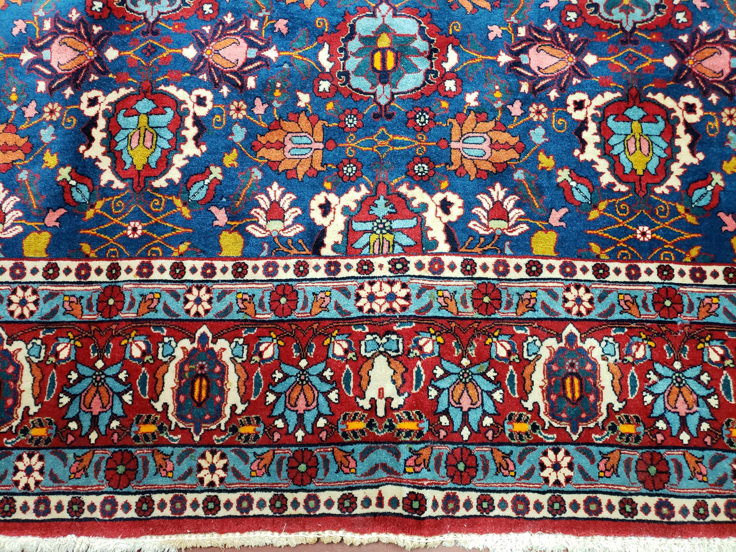 Rare Antique Persian Veramin Carpet, Mina-Khani Pattern, Blue, Red, Ivory, 7x11 ft, Hand-Knotted, Wool - Nuvé