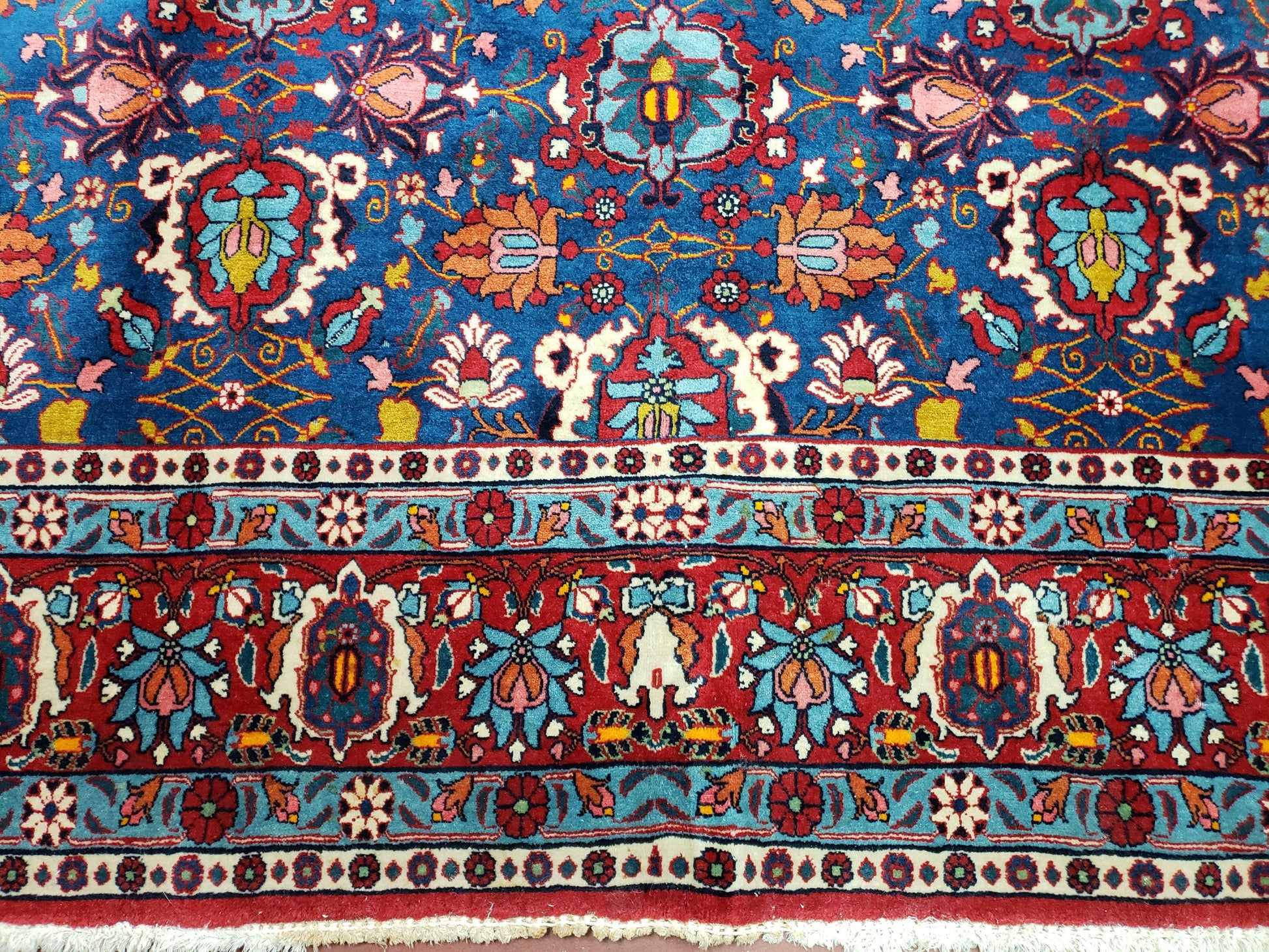 Rare Antique Persian Veramin Carpet, Mina-Khani Pattern, Blue, Red, Ivory, 7x11 ft, Hand-Knotted, Wool - Nuvé