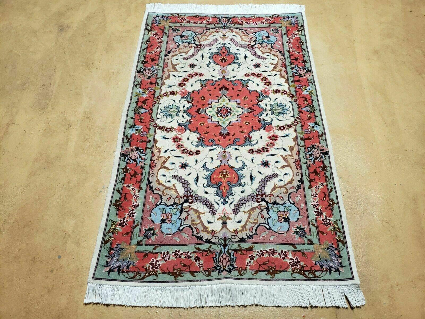 Small Vintage Persian Tabriz Wool and Silk Rug 2.5 x 4 ft, Very Finely Hand Knotted, Medallion, Ivory Salmon Light Blue, Top Quality, Pair B - Nuvé