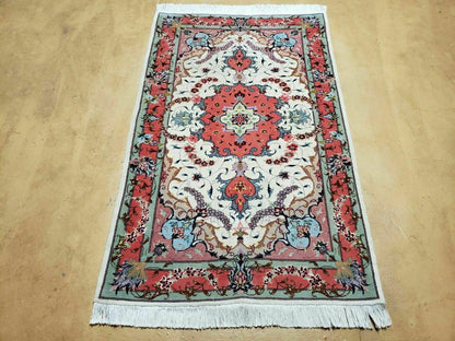 Small Vintage Persian Tabriz Wool and Silk Rug 2.5 x 4 ft, Very Finely Hand Knotted, Medallion, Ivory Salmon Light Blue, Top Quality, Pair B - Nuvé