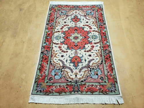 Small Vintage Persian Tabriz Wool and Silk Rug 2.5 x 4 ft, Very Finely Hand Knotted, Medallion, Ivory Salmon Light Blue, Top Quality, Pair B - Nuvé