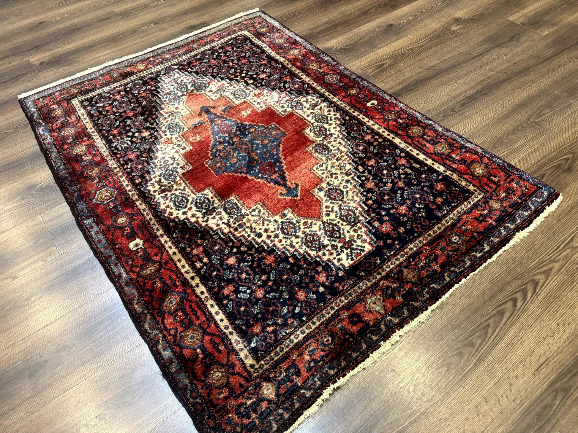 Antique Persian Kurdish Senneh Rug 4x5 Tribal Carpet Wool Geometric Medallion - Nuvé