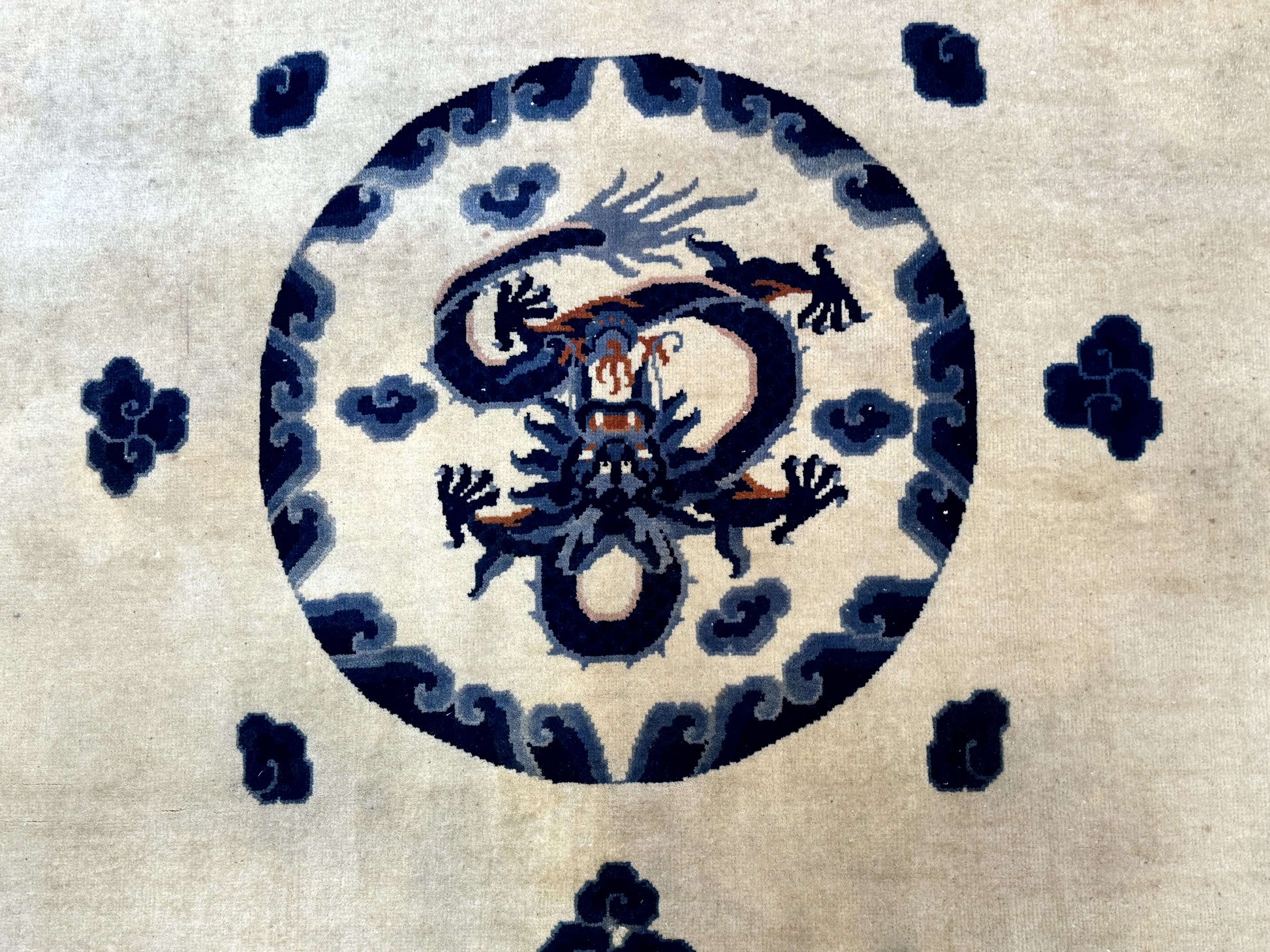 Chinese Dragon Peking Rug 8 x 11.6, Ivory and Blue, Chinese Wool Rug, Vintage - Nuvé