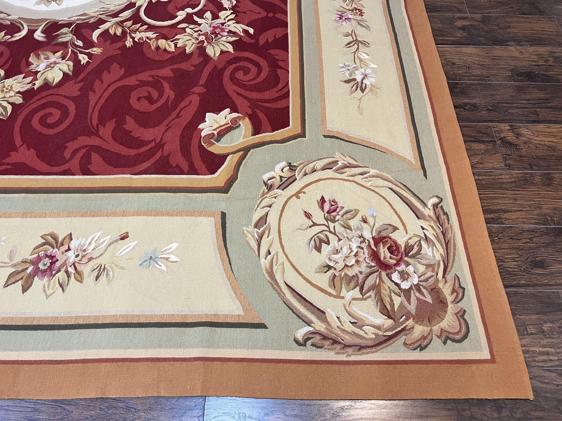 Large Aubusson Rug 10x14, Wool Handmade Vintage Carpet, Dark Red Ivory Tan, French European Elegant Aubusson Weave Rug - Nuvé