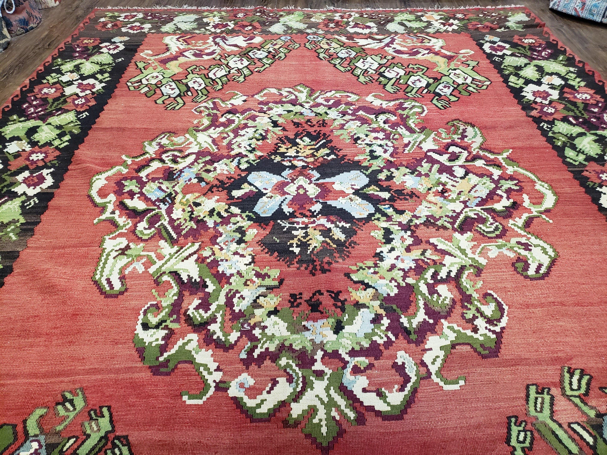 Karabakh Rug 8x11, Caucasian Kilim Rug, Vintage Antique Turkish Anatolian Azerbaijani Carpet, Wool Red & Black Hand-Woven 8 x 11 Living Room - Nuvé