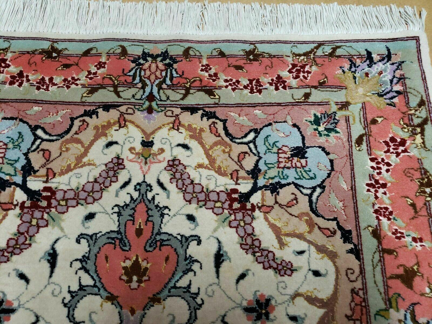 Small Vintage Persian Tabriz Wool and Silk Rug 2.5 x 4 ft, Very Finely Hand Knotted, Medallion, Ivory Salmon Light Blue, Top Quality, Pair A - Nuvé