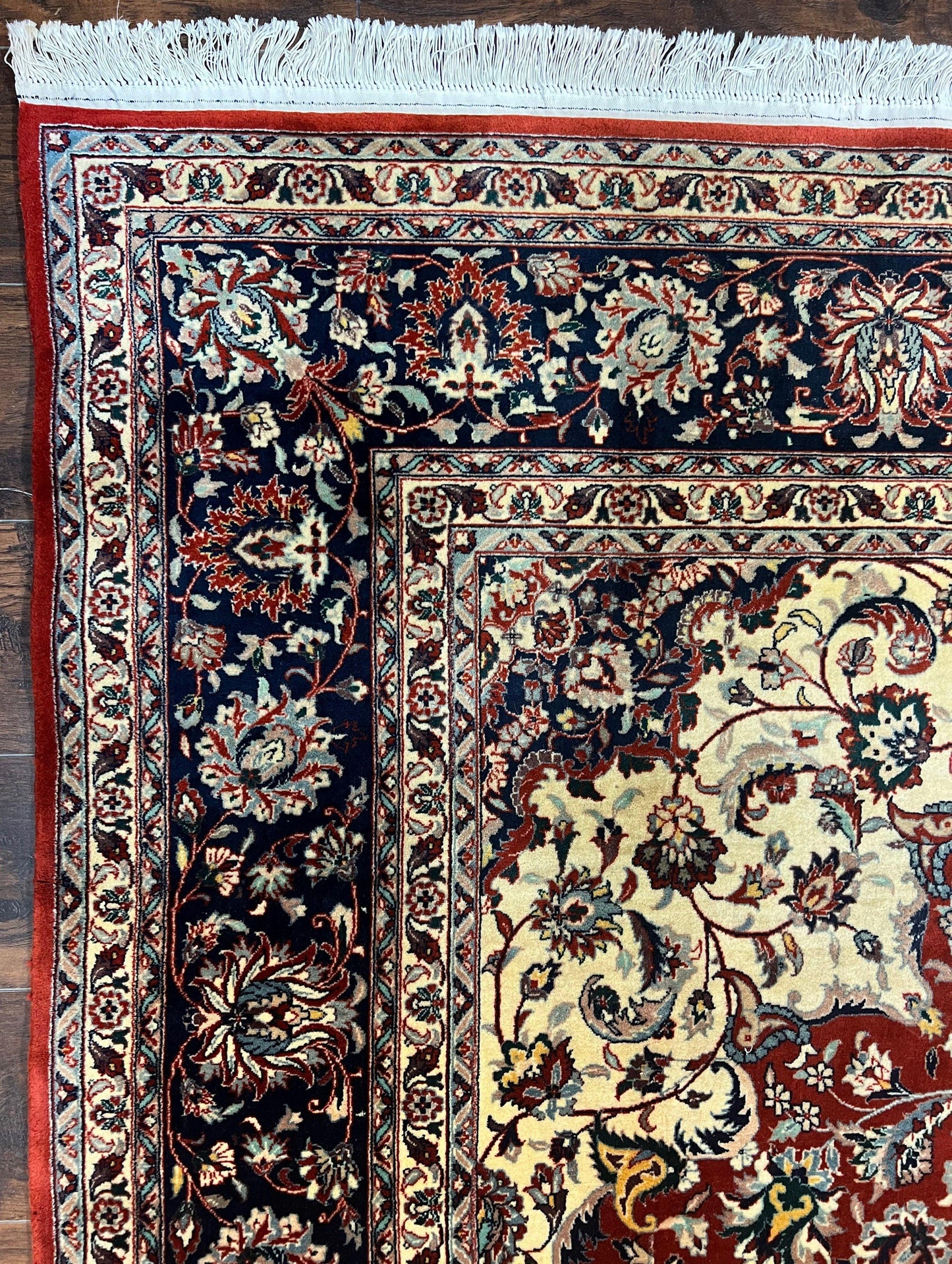 Fine Sino Persian Rug 7x10 ft, Floral Central Medallion Oriental Carpet, Red Navy Blue Cream, Hand Knotted Wool Traditional Vintage Rug - Nuvé