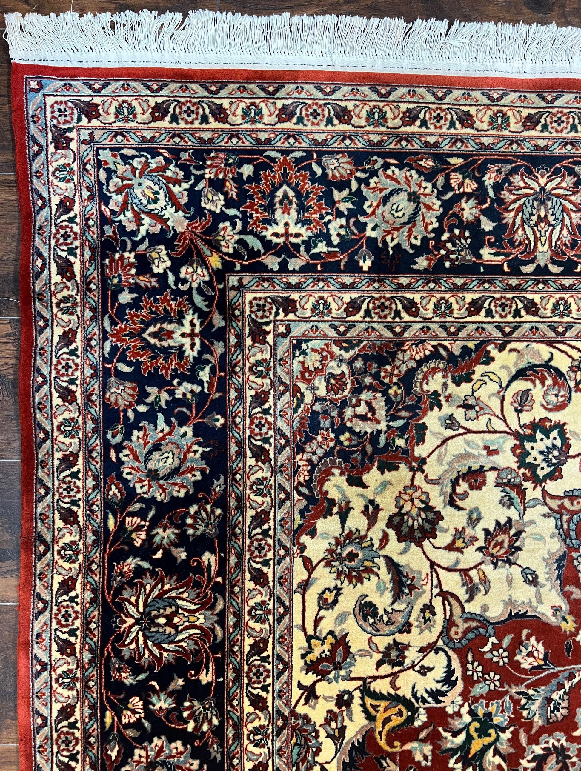 Fine Sino Persian Rug 7x10 ft, Floral Central Medallion Oriental Carpet, Red Navy Blue Cream, Hand Knotted Wool Traditional Vintage Rug - Nuvé