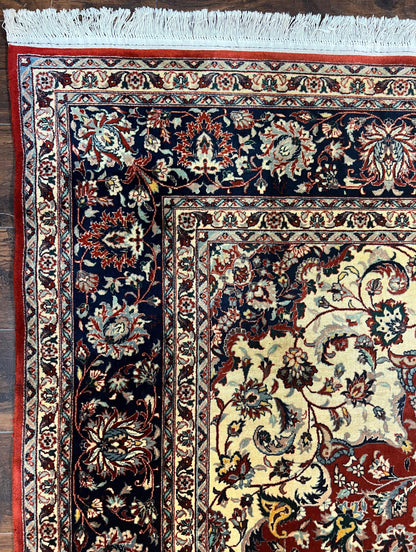 Fine Sino Persian Rug 7x10 ft, Floral Central Medallion Oriental Carpet, Red Navy Blue Cream, Hand Knotted Wool Traditional Vintage Rug - Nuvé