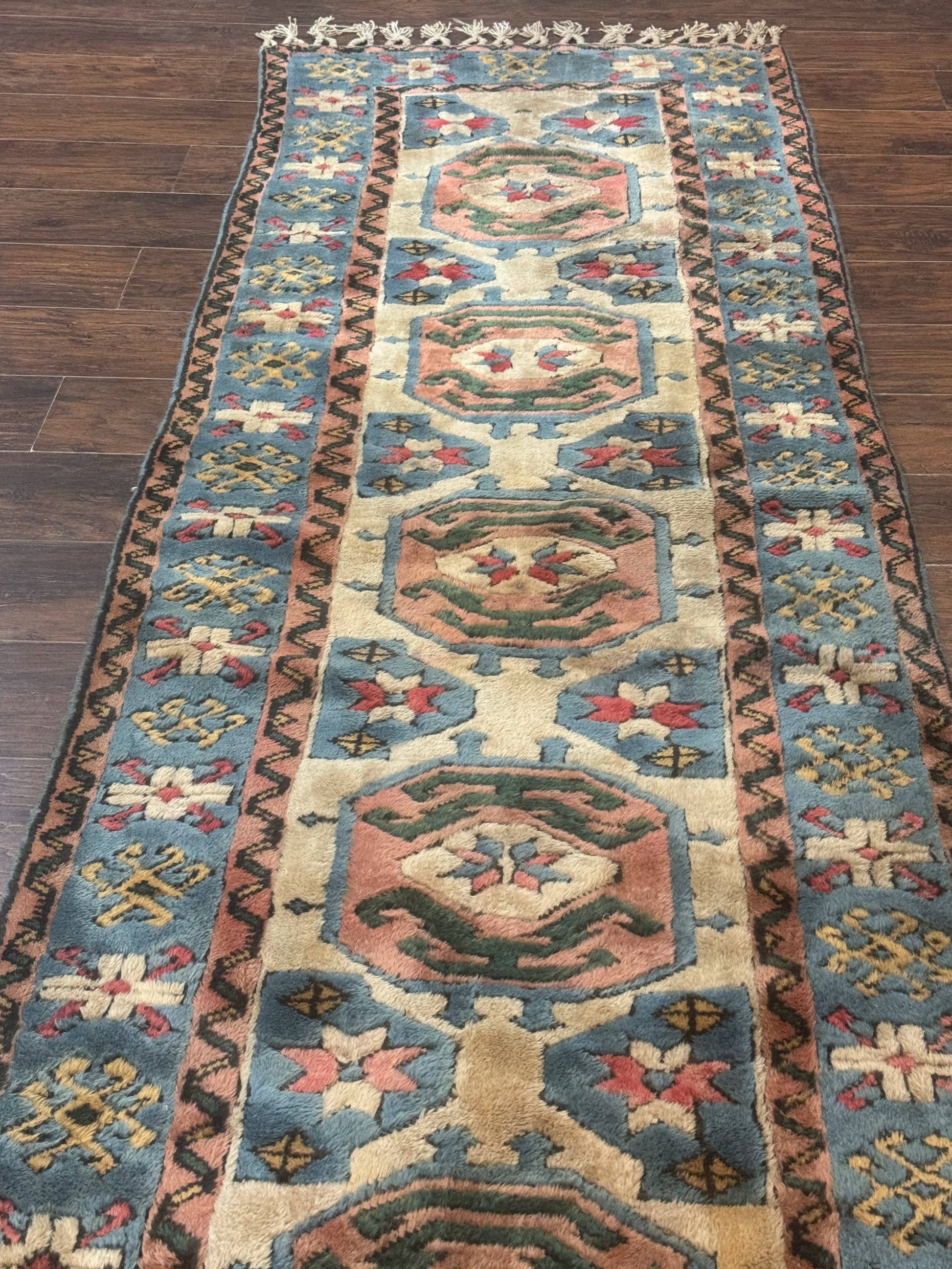 Turkish Kazak Runner Rug 3x11, Cream and Light Blue, Vintage - Nuvé