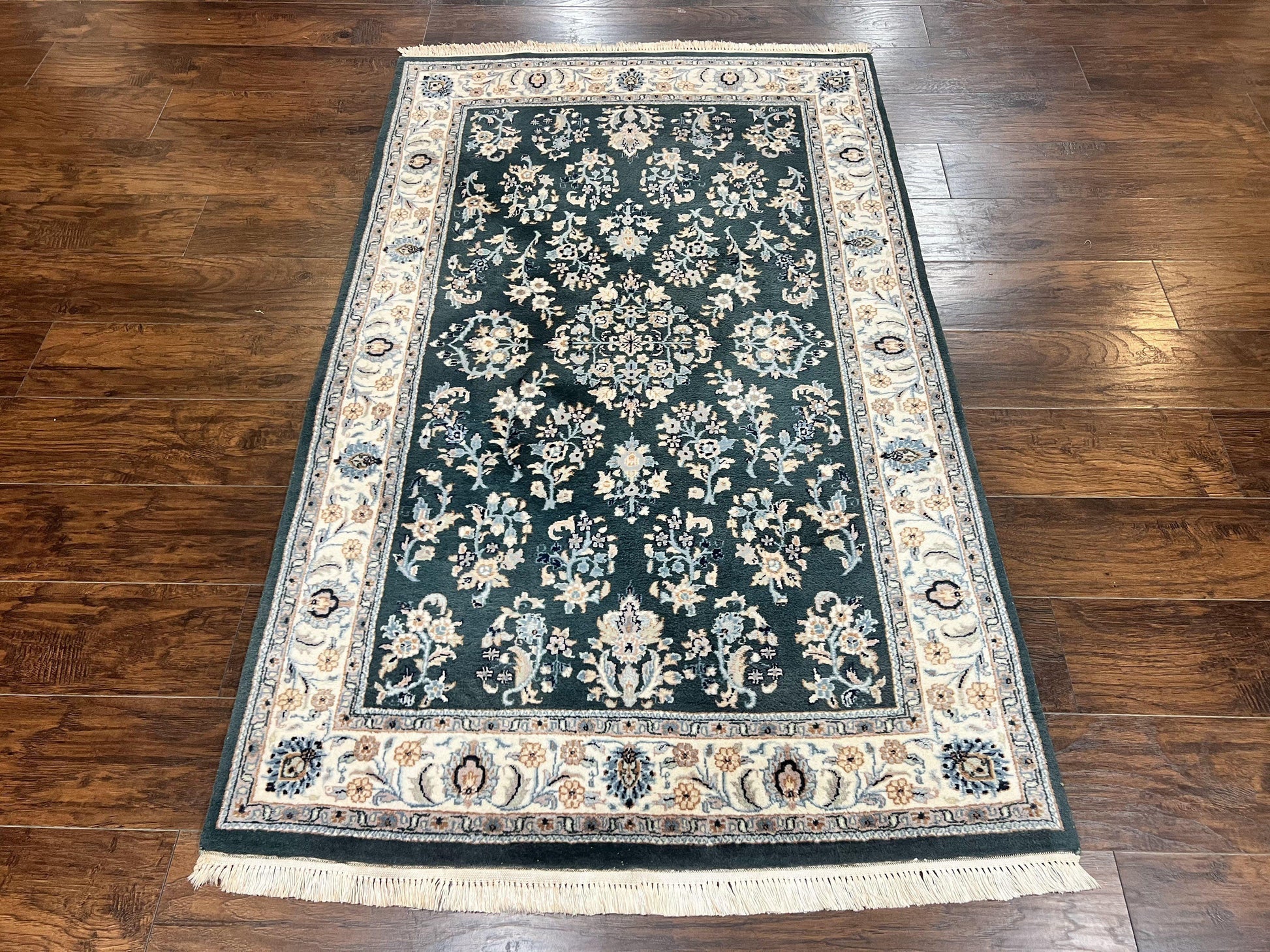Green Indo Persian Rug 4x6, Floral Allover, Handmade Vintage Oriental Carpet, Sarouk Rug, Wool - Nuvé