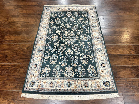 Green Indo Persian Rug 4x6, Floral Allover, Handmade Vintage Oriental Carpet, Sarouk Rug, Wool - Nuvé