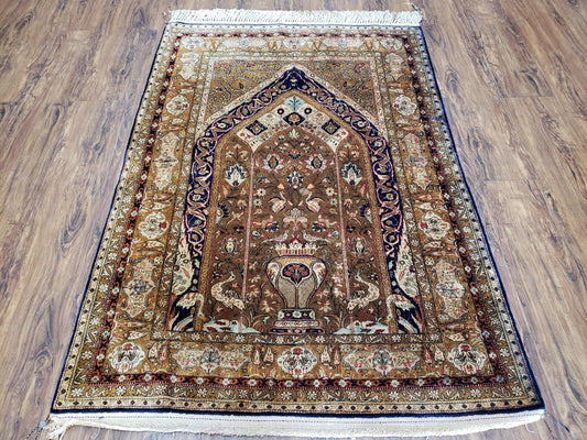 Semi Antique Persian Qum Silk Prayer Rug, Silk, Hand-Knotted, 3'6" x 5' - Nuvé