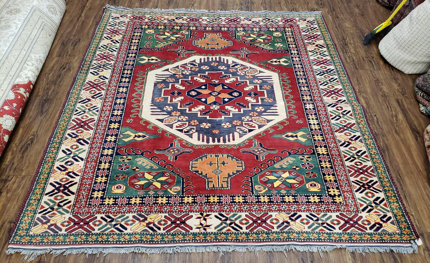 Vintage Turkish Kazak Area Rug, 6ft Square Rug, 6x6 Square Oriental Carpet, Hand-Knotted, Wool, Bold Colors, Red Blue Green, Geometric Rug - Nuvé