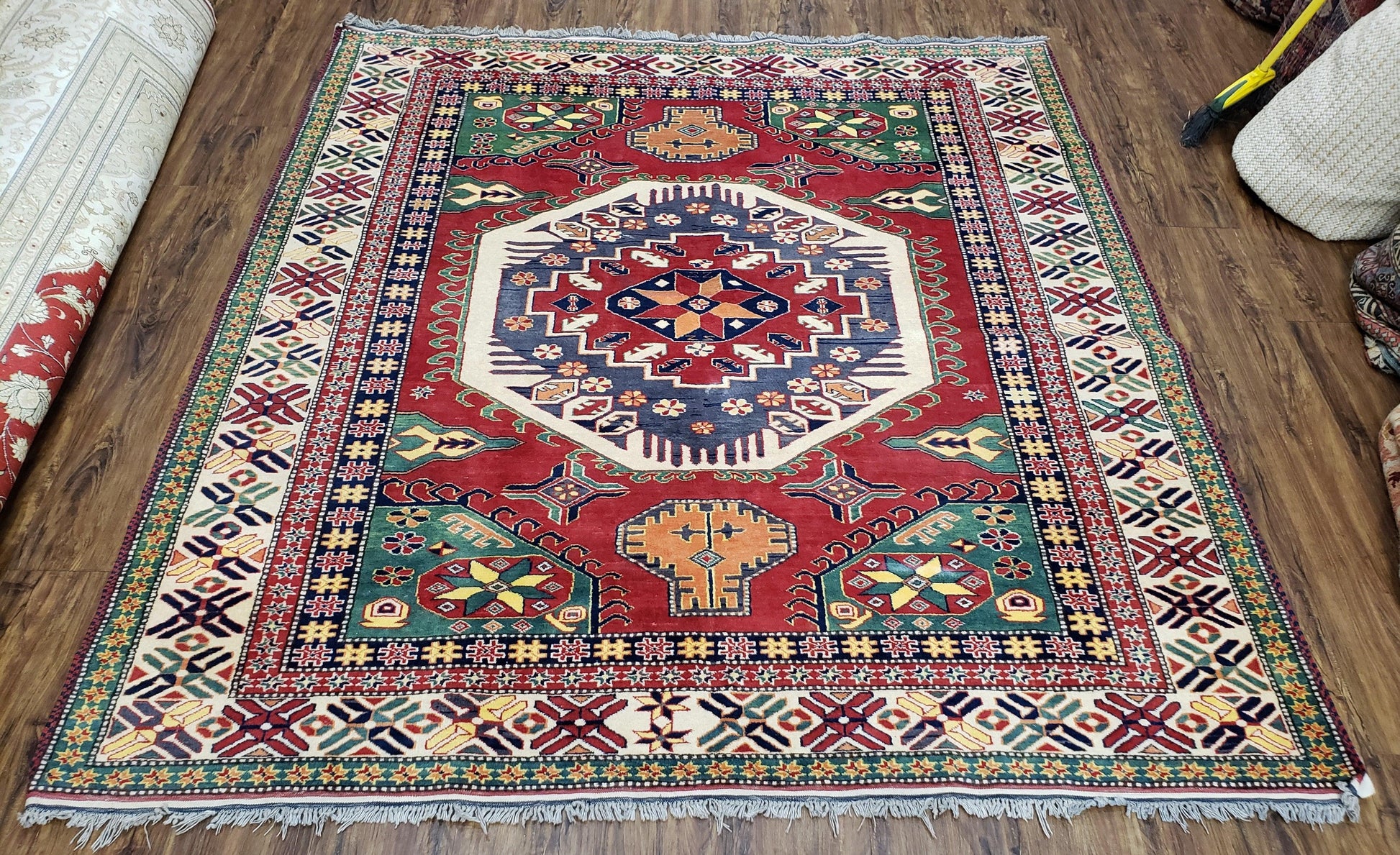 Vintage Turkish Kazak Area Rug, 6ft Square Rug, 6x6 Square Oriental Carpet, Hand-Knotted, Wool, Bold Colors, Red Blue Green, Geometric Rug - Nuvé