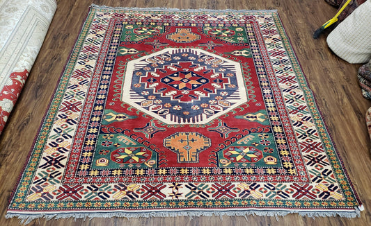 Vintage Turkish Kazak Area Rug, 6ft Square Rug, 6x6 Square Oriental Carpet, Hand-Knotted, Wool, Bold Colors, Red Blue Green, Geometric Rug - Nuvé